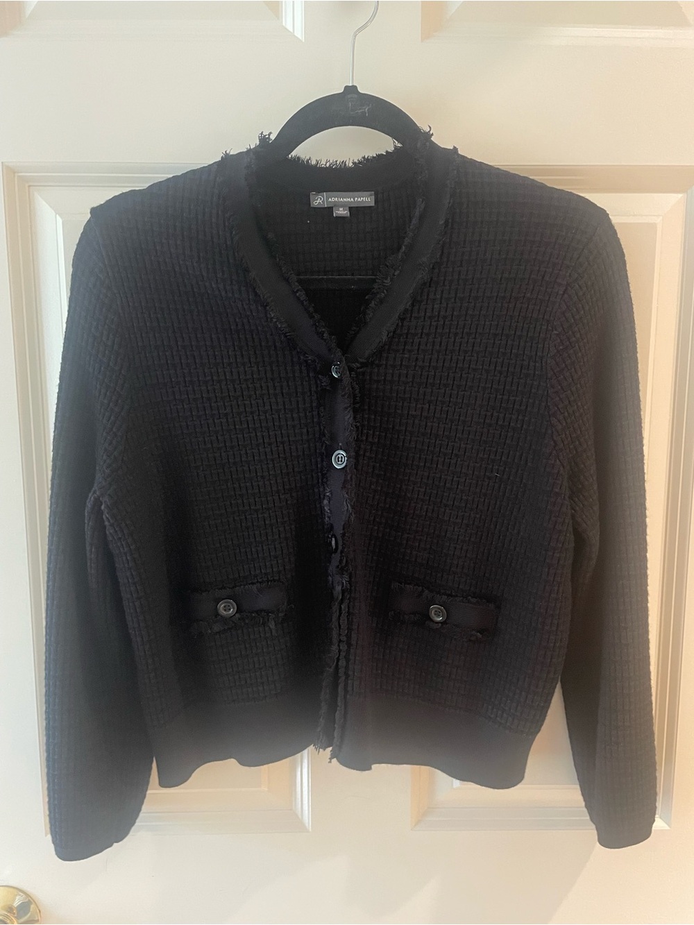 Adrianna Papell Black Waffle-Knit Button Cardigan with Fringe Trim